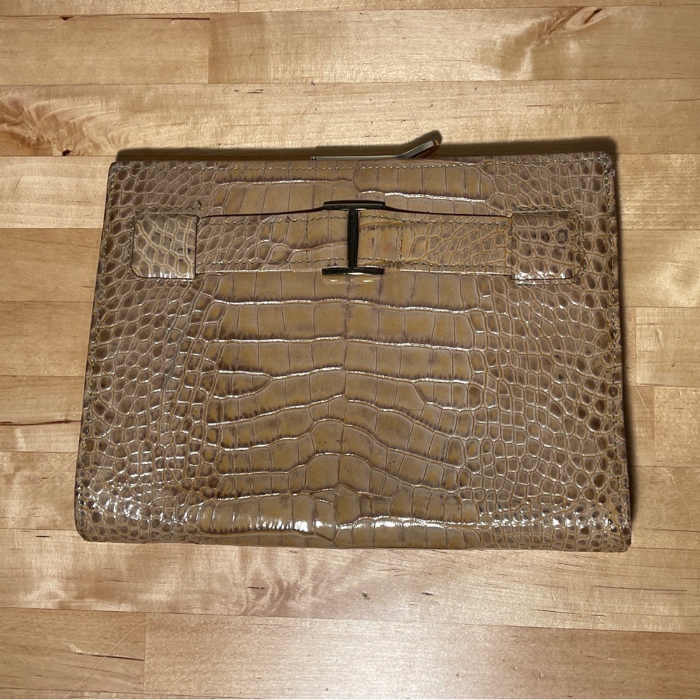 Abas Alligator Embossed Leather Frame Clutch Tan Croc Gold Clasp Evening Bag